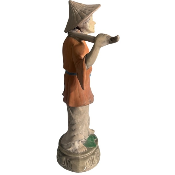 Vintage Asian Handcrafted Farmer Statue in Orange and Brown - Picture 3 of 8